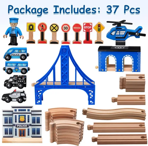 Miniatura 2 de SainSmart Jr. Juego de tren de madera – Juego interactivo de policía para niños Juguete de construcción con tren, figuras y accesorios
