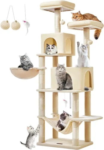 Taoqimiao Árbol para gatos, torre para gatos de 66.2 pulgadas para gatos de interior, condominio para gatos de varios niveles de felpa con 7 postes