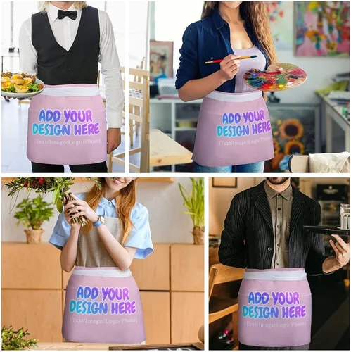 Miniatura 49 de AXKEUDO Delantal personalizado con bolsillos, delantales de cintura para camarera para cocinar en casa, restaurante, servir trabajo