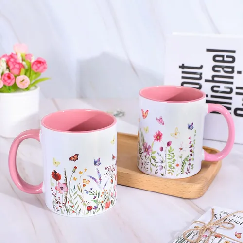 Miniatura 3 de Whaline 2 tazas de café florales de primavera con asa, 12 onzas, acuarela, flores silvestres, mariposa, taza de cerámica para familiares amigos