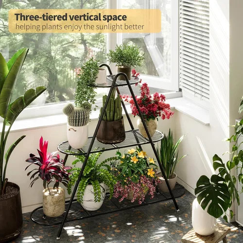 Miniatura 4 de Soporte para plantas para patio, estante de metal de 3 niveles, estante de exhibición para interiores y exteriores, para múltiples macetas, plantas
