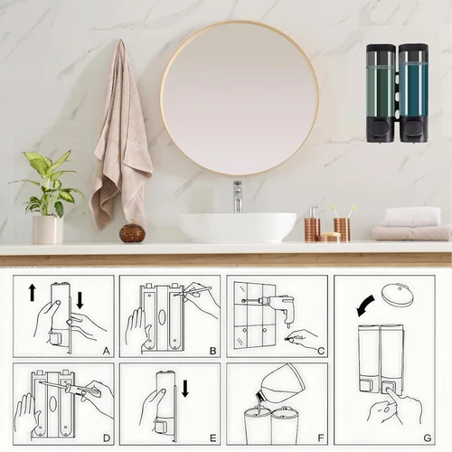 Miniatura 5 de Dispensador de jabón para montar en la pared de 2 cámaras, 10 onzas/10.1 fl oz, dispensador de champú y acondicionador de ducha recargable, sin