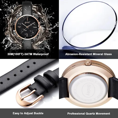 Miniatura 4 de Bisley Reloj de cuero para mujer, reloj analógico impermeable simple