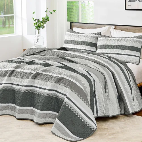 Miniatura 17 de WONGS BEDDING Juego de Edredón Full, Juego de Colcha y Cubrecama de 3 Piezas a Rayas Negras, Edredones Ligeros de Verano Tamaño Full para Cama
