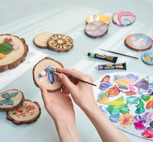 Miniatura 7 de ARTEZA Rebanadas de madera natural, 3.5-4 pulgadas de diámetro, juego de 25, discos de madera de pino redondo marrón con corteza para manualidades