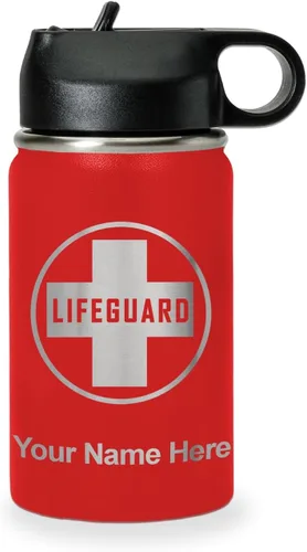 Miniatura 12 de LaserGram Botella de agua personalizada, salvavidas, acero inoxidable de doble pared aislada al vacío con popote superior, regalo grabado Negro