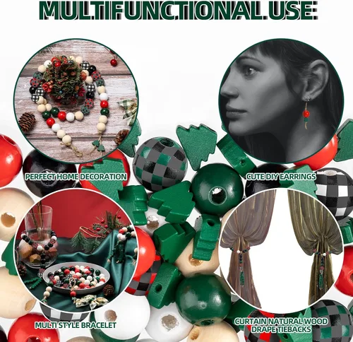 Miniatura 4 de Cuentas de madera de Navidad de 0.63 pulgadas, cuentas de madera rústicas de granja y cuentas en forma de árbol de Navidad de 0.47 pulgadas