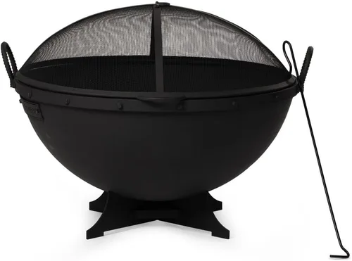 Ash & Ember - Hoguera hemisferio de 32 pulgadas con pantalla y póster, cuenco de fuego de pintura negra de alta temperatura de hierro fundido,