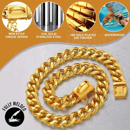Miniatura 4 de Collar de cadena para perro de 0.59 pulgadas/0.79 pulgadas de grosor, con hebilla de liberación rápida, collar de cadena de oro de 18 quilates