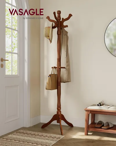 Miniatura 2 de VASAGLE Perchero de pie, Perchero independiente de madera maciza con 11 ganchos, Árbol de recibidor para bolsas, carteras, sombreros, para entrada