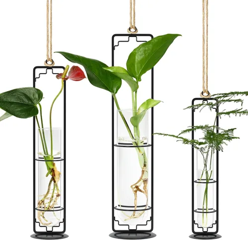 MIPON Estación de propagación de plantas colgantes de metal, maceta hidropónica de tubo de ensayo de vidrio de 3 tamaños, soporte bohemio para Negro