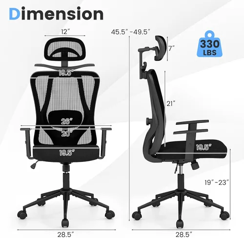 Miniatura 3 de COSTWAY Silla de oficina de malla, sillas ergonómicas de escritorio para computadora con reposacabezas 3D, reposabrazos ajustables y soporte lumbar