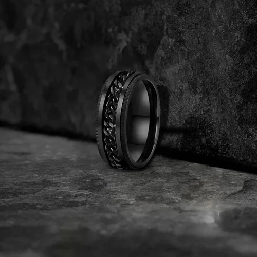 Miniatura 9 de LAOYOU Anillo giratorio para hombre para alivio de la ansiedad 0.315 in de acero inoxidable negro anillo de ansiedad con incrustaciones de cadena
