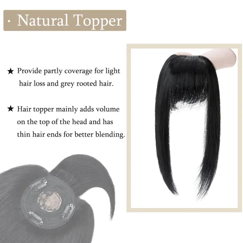 Miniatura 3 de MY-LADY Top Hairpieces para mujer con flequillo, base mono natural, 100% cabello humano real, clip en pieza de cabello lacio en medio para pérdida