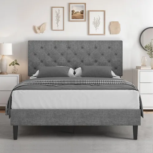 Miniatura 26 de HOMBCK Marco de Cama Queen con Cabecera Capitoné con Botones, Marco de Cama de Plataforma Tapizada Azul, Tela Suave/Soporte de Listones de Madera/No