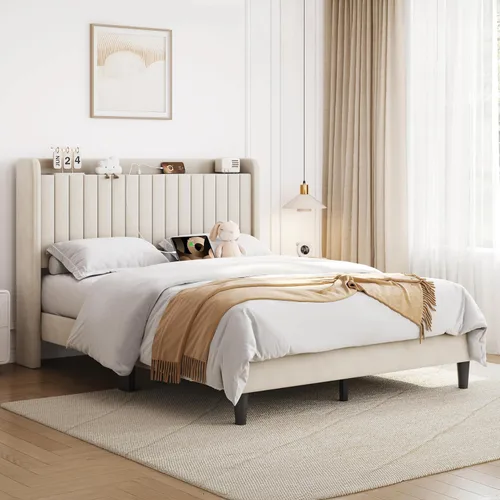 Miniatura 11 de Yaheetech Base de cama tamaño Queen con estación de carga USB y estante de almacenamiento/plataforma de cabecera tapizada con lado de ala/soporte
