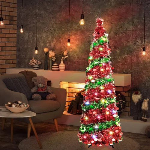 Miniatura 5 de Árbol de Navidad plegable de lentejuelas de 5 pies con 90 luces LED, árbol de Navidad de oropel delgado con soporte para apartamentos Rojo y verde