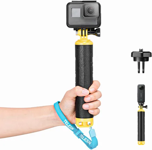 TELESIN Empuñadura flotante para GoPro Hero 13 12 11 10 9 8 7+ Series, DJI, Insta360 más cámaras de acción, palo de selfie submarino adecuado para