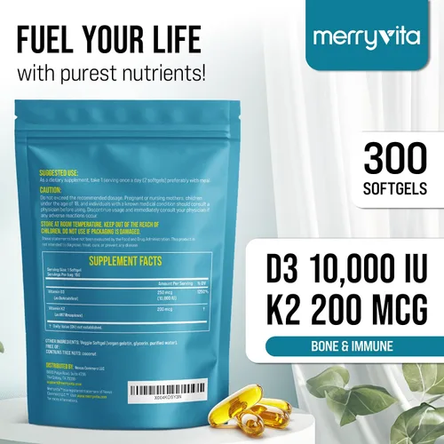 Miniatura 2 de MERRY VITA Vitamina D3 K2 300 cápsulas blandas – 10000 UI y 200 MCG K2 MK7 – A base de plantas, vegano, sin OMG, sin gluten – Aceite de coco