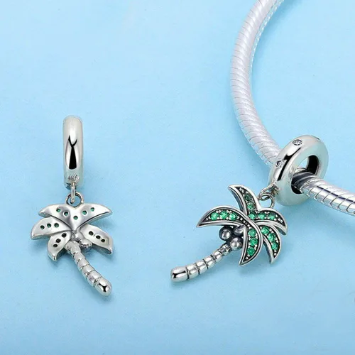 Miniatura 2 de Abalorio colgante de palmera de plata de ley 925 para vacaciones de verano para pulsera y collar, Plata esterlina, plateado