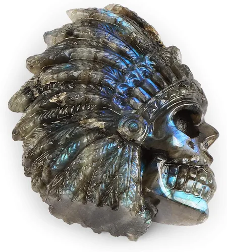 Miniatura 2 de SMQ Estatua de cabeza de calavera india de cristal de labradorita de 2.5 pulgadas, figura de calavera tallada a mano, adorno de piedra curativa