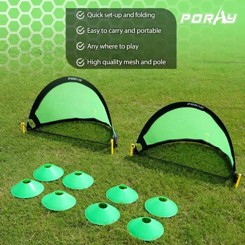 Miniatura 3 de Poray Soccer Goal for Kid Easy-up Set of Two Portable Soccer Net 210D Oxford with 8 Field Marker Cones Extra Stakes Fun for Backyard and Soccer Verde