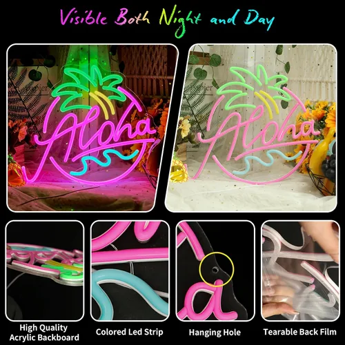 Miniatura 3 de Aloha - Letrero de neón de palmera para fiesta en la playa, letrero LED de verano tropical Aloha para decoración de pared de bar Tiki hawaiano