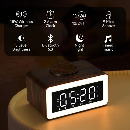Miniatura 2 de Reloj despertador de madera con altavoz Bluetooth con carga inalámbrica, atenuador de brillo ajustable 0-100%, 2 alarmas, repetición de 9 minutos