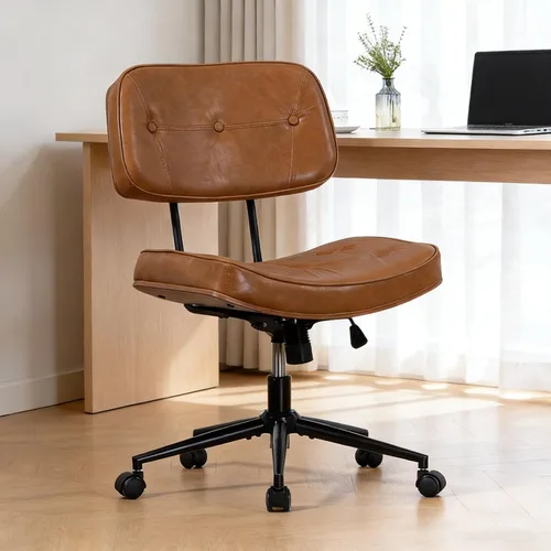 Miniatura 10 de Silla de Oficina para Hogar con Respaldo y Ruedas, Silla Giratoria Ejecutiva Moderna de Nogal, Silla de Tocador de Piel Sintética con Soporte Negro