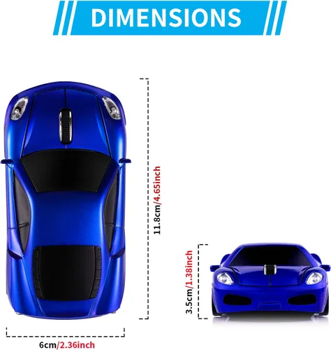 Miniatura 6 de Ratón de computadora de coche deportivo [actualizado] con faros LED, 1600 DPI 2.4 GHz ratón inalámbrico para PC y Mac, azul