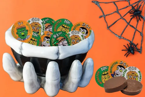 Miniatura 3 de Fruidles Monedas de dinero de monstruo de Halloween, rellenos de bolsas de fiesta de dulce o truco, envueltas individualmente en papel de aluminio