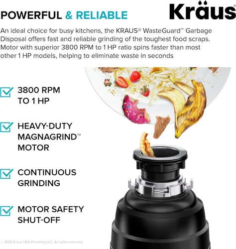 Miniatura 5 de KRAUS WasteGuard KWD100-100MBL - Triturador de basura ultra silencioso de 1 HP con conexión rápida, cubierta de drenaje para fregadero de cocina