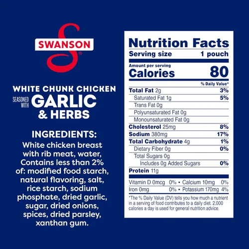 Miniatura 2 de SWANSON S Ajo y Hierbas Pollo Blanco en Trozos Totalmente Cocinado, Listo para Comer, Comidas Simples Para Llevar, Bolsa de 2.6 OZ (Caja de 12)