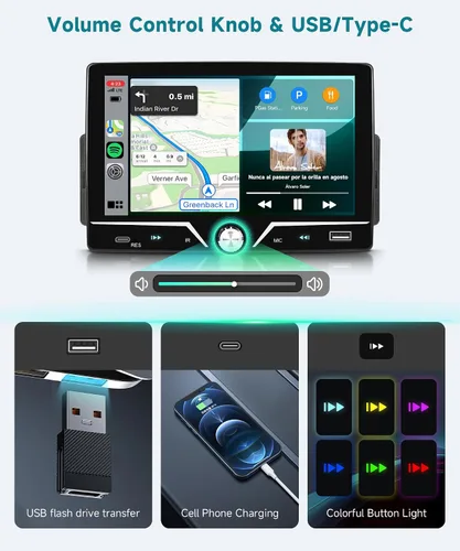 Miniatura 3 de Estéreo de automóvil de un solo DIN con cable Carplay Android Auto, Sellrich de 7 pulgadas, pantalla táctil, Bluetooth, radio para automóvil