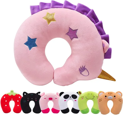 Miniatura 7 de H HOMEWINS Almohada de viaje para niños, linda almohada de cuello de animal para niños y niñas, almohada suave de soporte para cuello, cabeza
