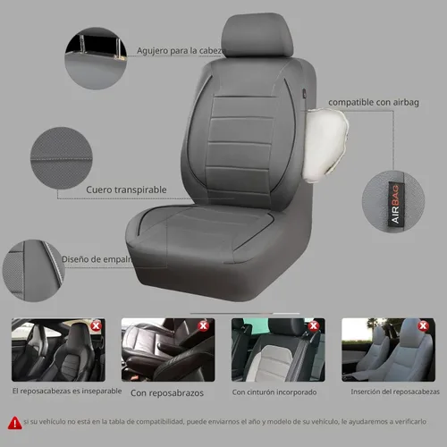 Miniatura 8 de CAR PASS Fundas de Asiento de Automóvil de Cuero Sintético con Ribetes Juego Completo, Fundas de Asiento de Cuero Transpirable Gris para Gris