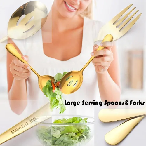 Miniatura 4 de 10 piezas de utensilios de servir de acero inoxidable, cucharas grandes para servir con ranuras, tenedores para servir, pinzas para servir, pinzas