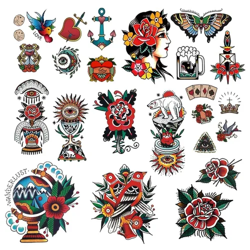 CARGEN Calcomanías clásicas de tatuaje temporal de la vieja escuela, diferentes tamaños, calcomanías vintage de flores, brazo, rosa, tatuajes,
