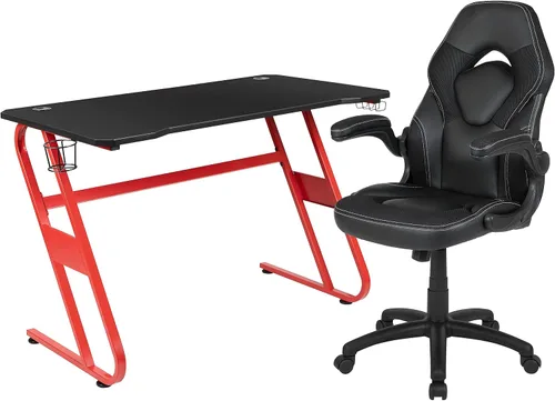 Miniatura 39 de Flash Furniture Juego de escritorio para juegos negro y silla de carreras blanco/negro con soporte para tazas, gancho para auriculares y soporte