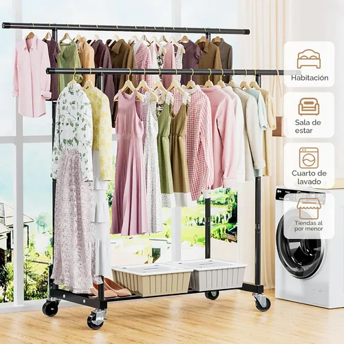 Miniatura 4 de Abiglifty Perchero de doble barra para colgar ropa, perchero con ruedas, organizador portátil de armario para lavandería, habitación (negro)
