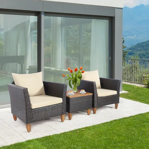 Miniatura 2 de RELAX4LIFE Juego de muebles de patio de 3 piezas de ratán para conversación al aire libre, con asientos acolchados y mesa de mesa de madera