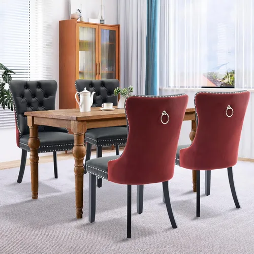 Miniatura 128 de Juego de 4 sillas de comedor de terciopelo, sillas de comedor tapizadas con ribete de cabeza de clavo y patas de madera maciza para cocina