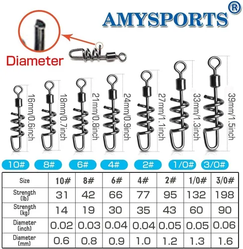 Miniatura 4 de AMYSPORTS Giratorios de pesca Sacacorchos a presión Giratorios de aparejos de pesca Aguas saladas Líder de agua dulce Señuelo línea Conector