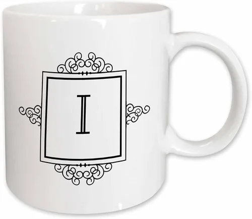 3dRose mug_154332_1 Letra I inicial personal monogramada, tipografía en blanco y negro, elegante taza de cerámica personalizada, 11 onzas, color