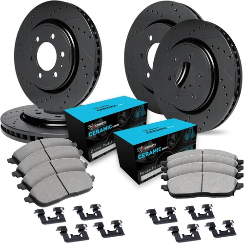 R1 Concepts Kit de freno delantero y trasero para Ford F-150 2012-2020 | Pastillas de cerámica, rotores ranurados perforados | Herrajes | Delantero