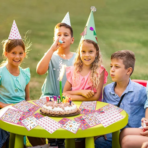 Miniatura 3 de Juego de bingo de cumpleaños para niños, niñas y adultos, tarjetas de bingo de cumpleaños para 24 jugadores, suministros para fiesta de cumpleaños