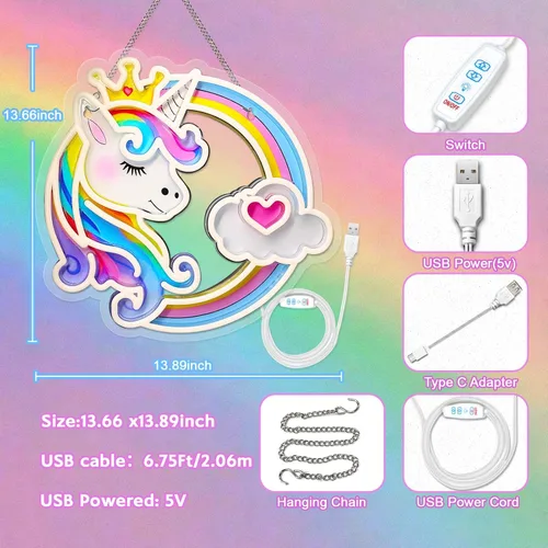Miniatura 4 de Letrero de neón de unicornio para decoración de pared, 10 luces de neón de arco iris ajustables y regulables de colores para habitación de niñas