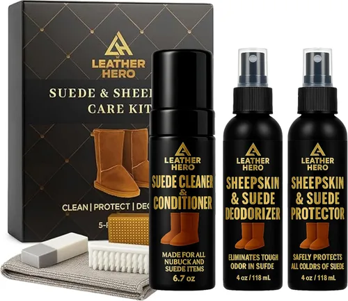 Leather Hero Kit de limpieza de gamuza y piel de oveja, compatible con botas UGG, limpiador y acondicionador de espuma, protector de agua y manchas,