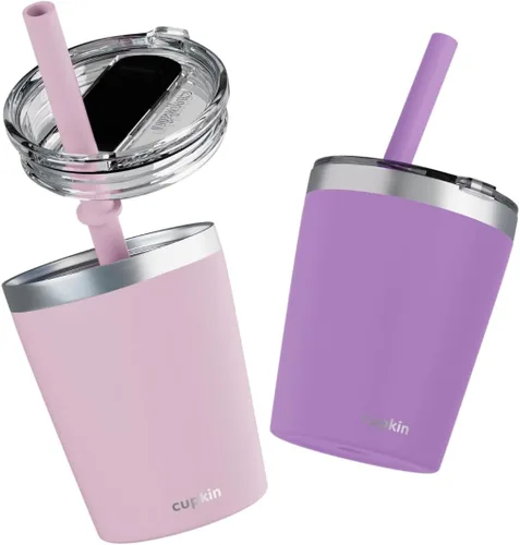 Miniatura 27 de CUPKIN - Taza apilable de acero inoxidable para niños, taza de batido, tazas aisladas con recubrimiento en polvo, tapa libre de BPA y pajilla de Rosa