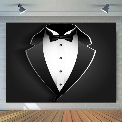 Miniatura 14 de BJRLEM998 - Telón de fondo de esmoquin negro de 3 x 5 pies para hombre, traje de pajarita en blanco y negro, traje de lujo, cumpleaños, cena